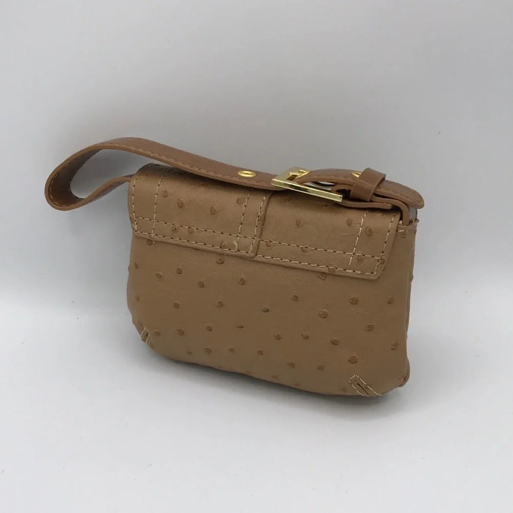Mini tan ostrich-pattern purse with gold trim